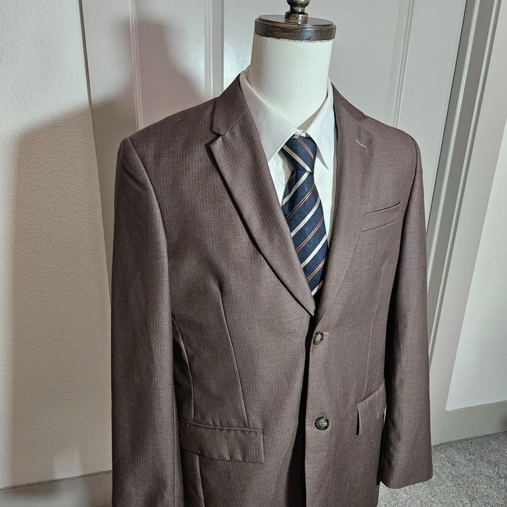 NEW Perry Ellis 40S Suit Blazer Jacket Men Classic‎ Fit Poly Textured Brown