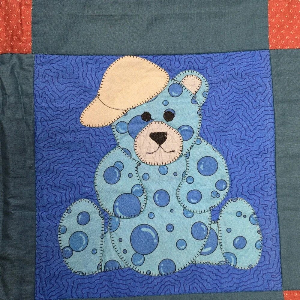 Handmade Teddy Bear Patchwork Quilt Wall Hanging Blue Teal Red Brown Nursery