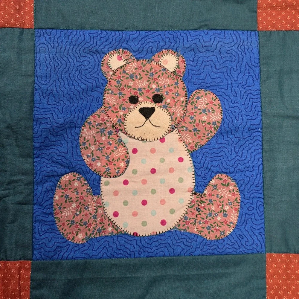 Handmade Teddy Bear Patchwork Quilt Wall Hanging Blue Teal Red Brown Nursery
