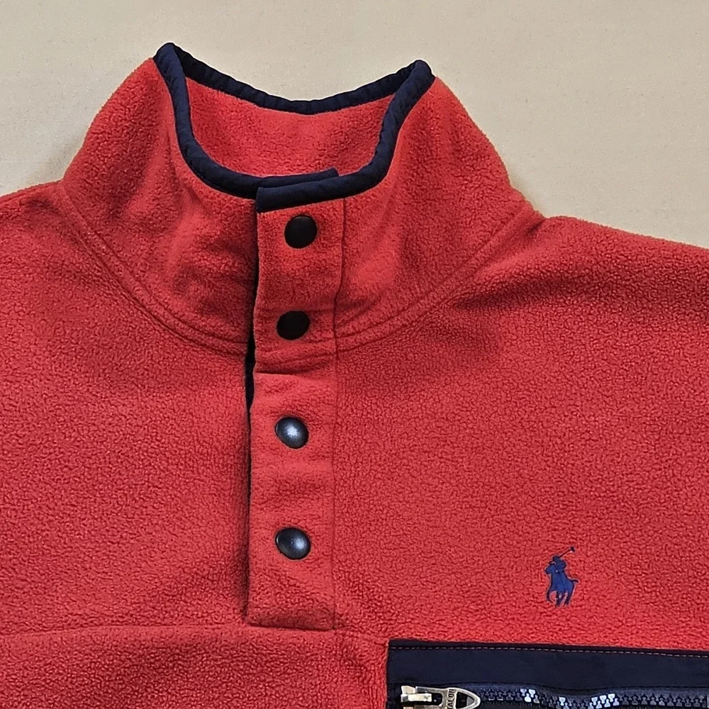 Polo Ralph Lauren Red Fleece Mens S‎ Sweater Mockneck Pullover 1/4 Snap Pockets