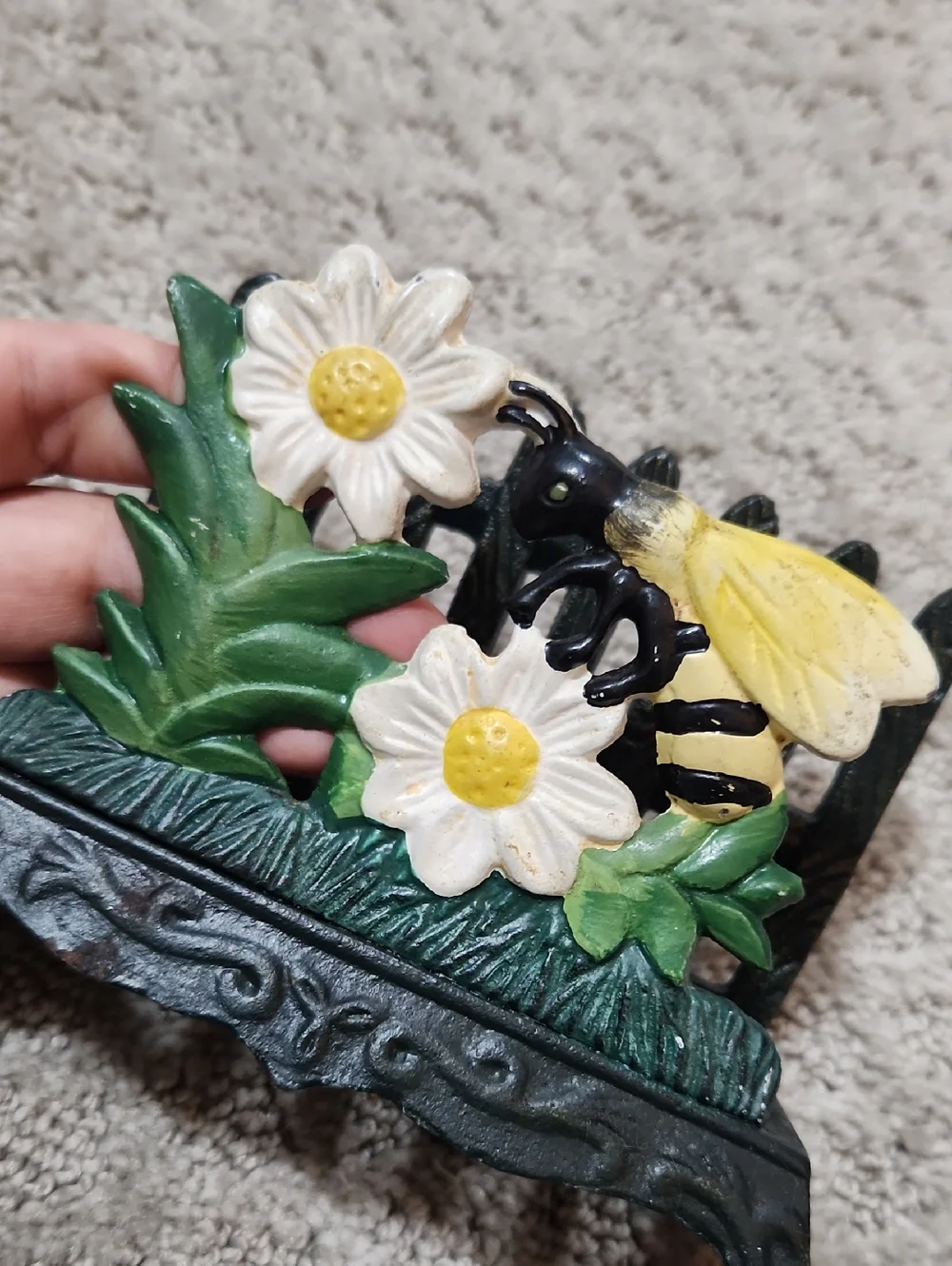 Cast Iron Bee on Daisy Fence Napkin Holder Letter Holder - Yellow, White, Green