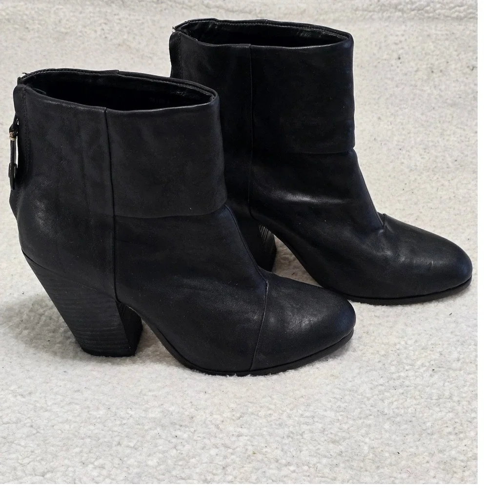 Rag & Bone Newbury Black Leather Ankle Boots Block Heel Back Zip Size 38