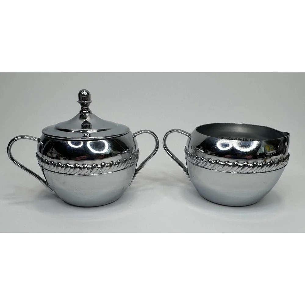 Vintage Irvinware Sugar &‎ Creamer Serving Set Chrome Tone Makers Mark MCM USA