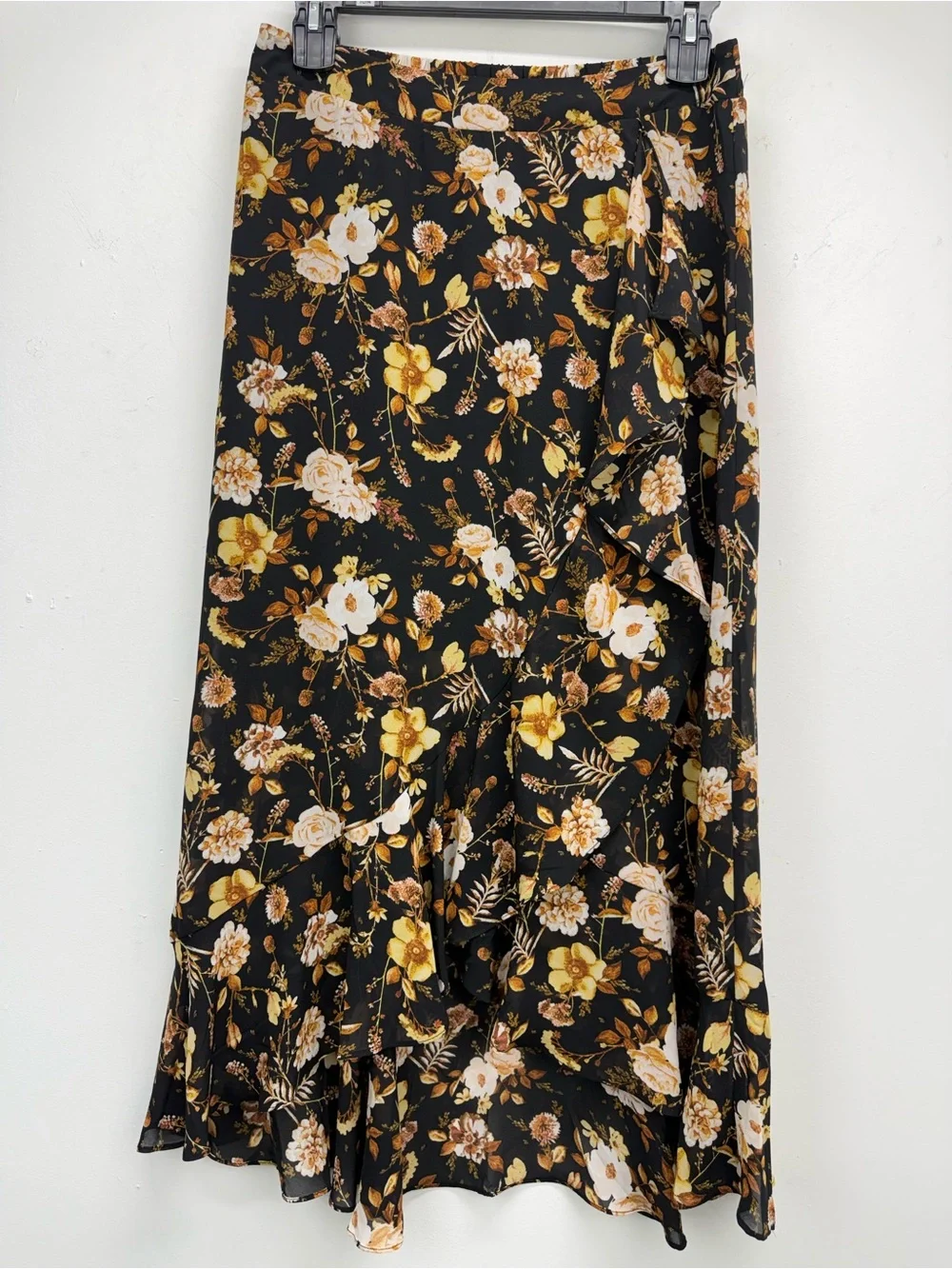 Cato size Medium Women’s Boho Chic Black Yellow Floral Ruffle Faux Wrap Skirt