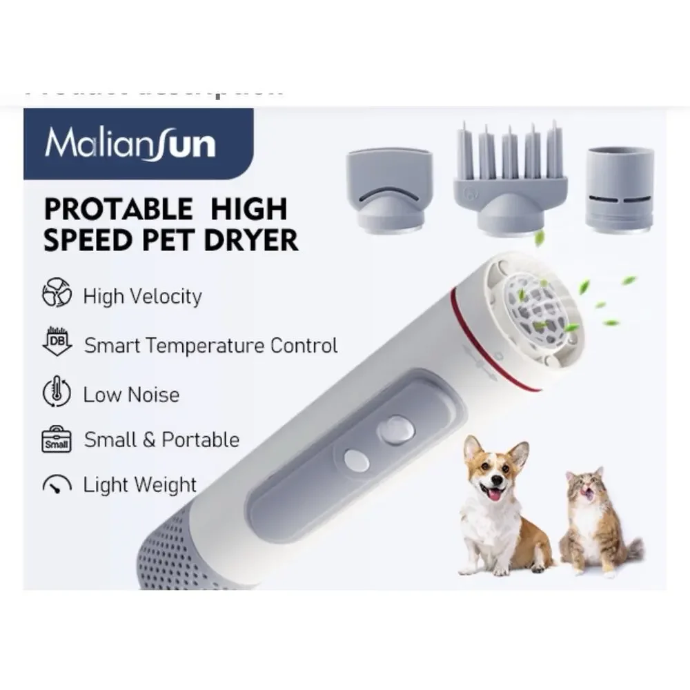 Portable Handheld Pet Hair Dryer, 3 Temp Settings & 3 Attachments New In Box