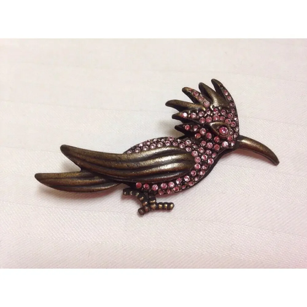 Vintage Giovanni Antique Brass Pink Sparkle Roadrunner Desert Bird Pin Brooch