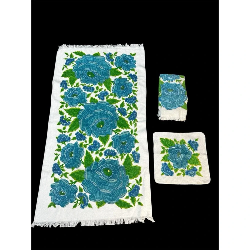 Vintage Fieldcrest Retro blue towel set bath hand‎ washcloth 1970s