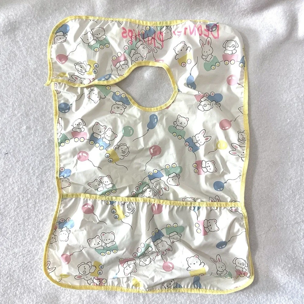 Vintage Gerber Toddler Snap‎ On Vinyl Bib Crumb Catcher Pocket Bunny Train
