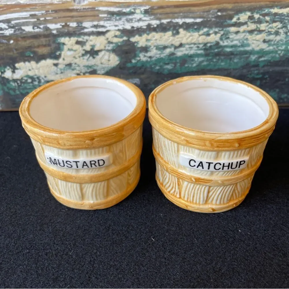 Monte Verde mustard ketchup bucket condiment jars hand painted 1982 Vintage