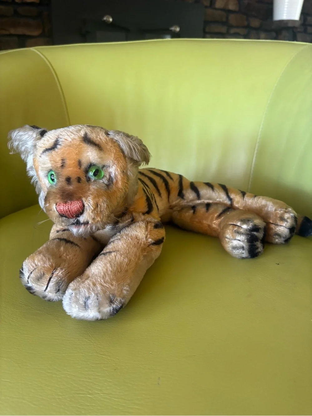 Steiff Vintage Mohair Tiger Stuffed Animal Plush Green Eyes Laying Tiger