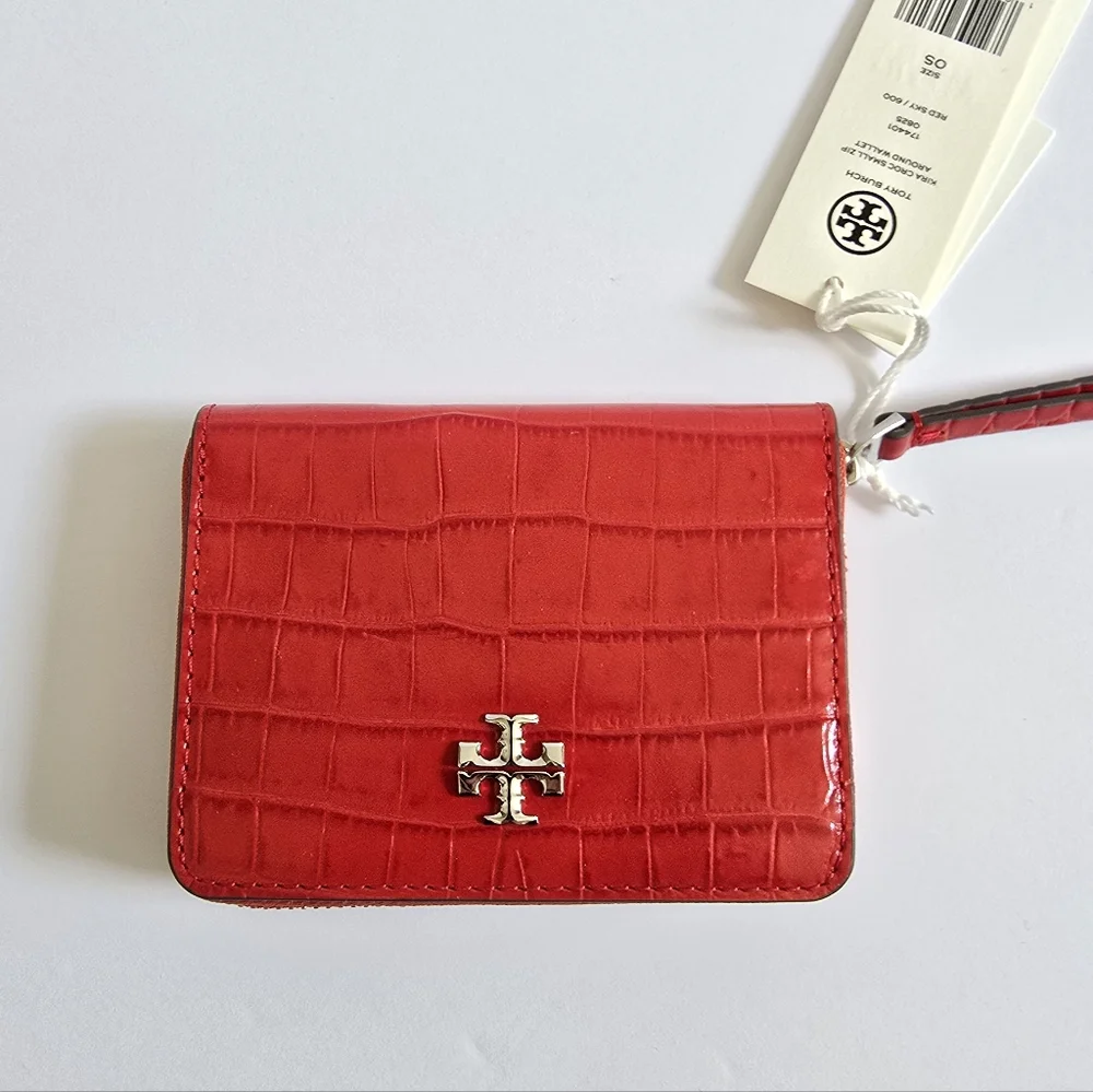 Tory Burch Small Kira Croc-Embossed Leather Zip-around Wallet Red Sky