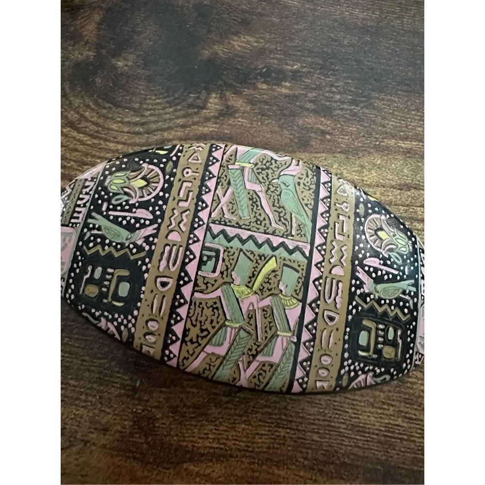 Vintage Hair Clip barrette Egyptian hieroglyphics Retro 1990s 3.75” Black Pink