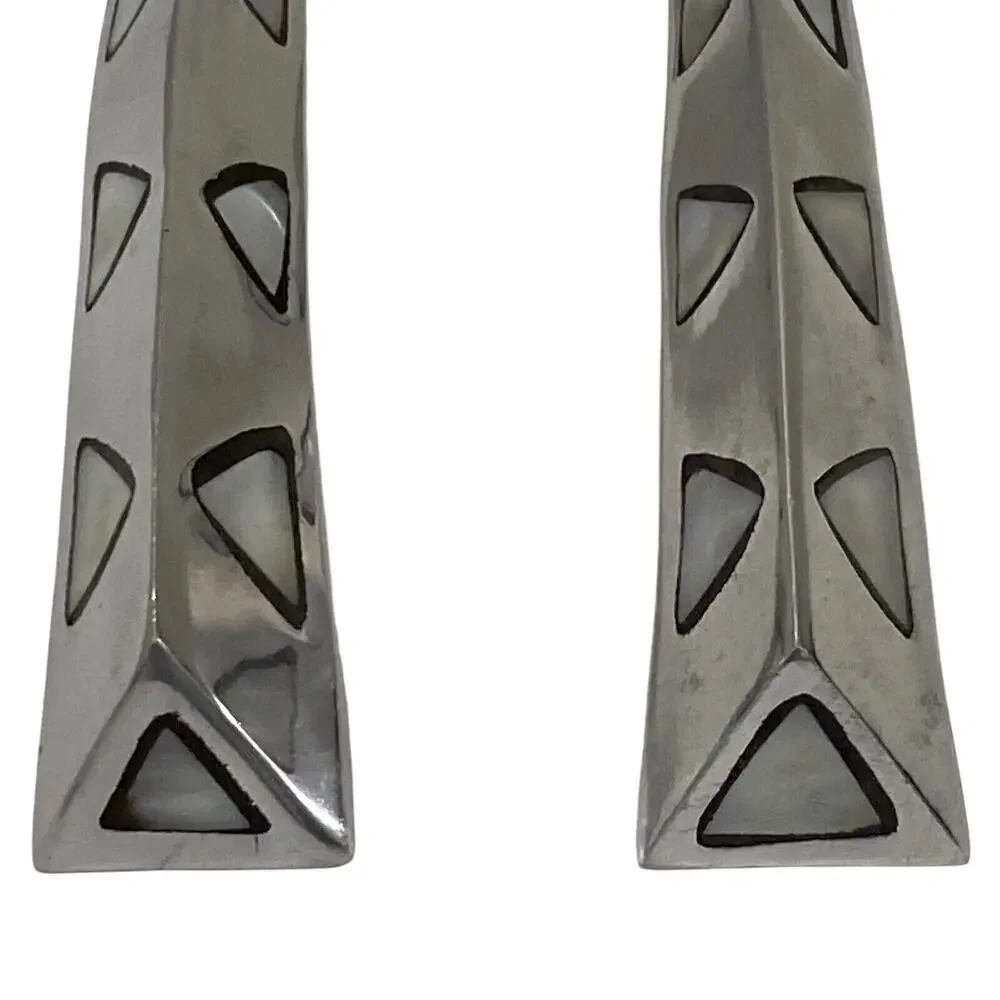 Artisan Silver Serving Fork & Spoon Set White Stone Shell Inlay Made in India