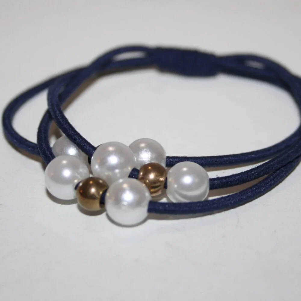 Beautiful NWOT navy blue, gold and pearl elastic hair tie/ bracelet 6