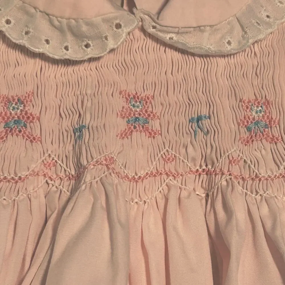 VTG 70s Baby Girl Pink Smocked Romper Teddy Bear Puff Sleeve Cottage Coquette