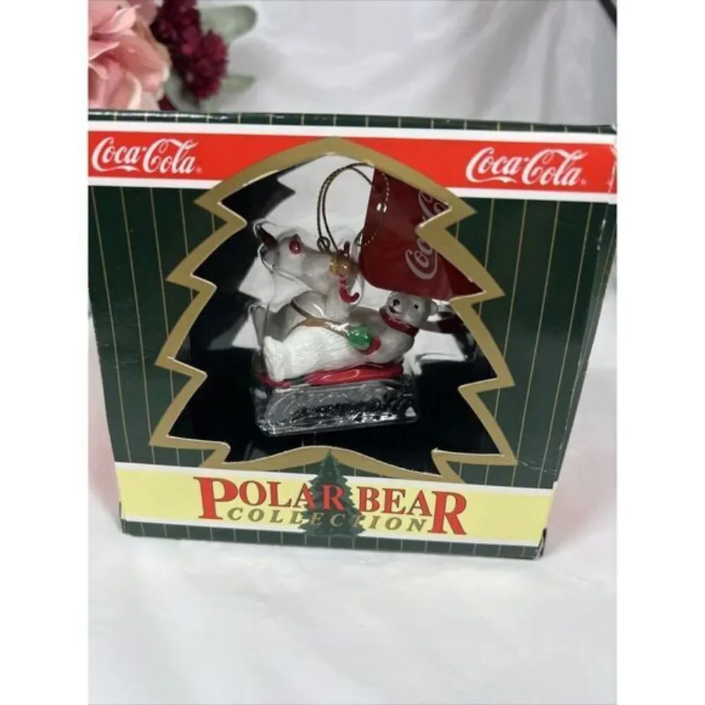 1997 Coca-Cola Polar Bear Collection‎ Coke 2 Bears Sled Christmas Ornament VTG