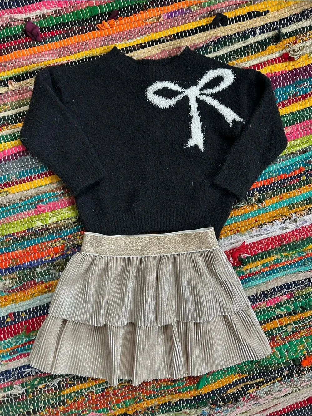 Cat & Jack Bow Sweater & Metallic Tiered Pleated Skirt Set 12 MOS