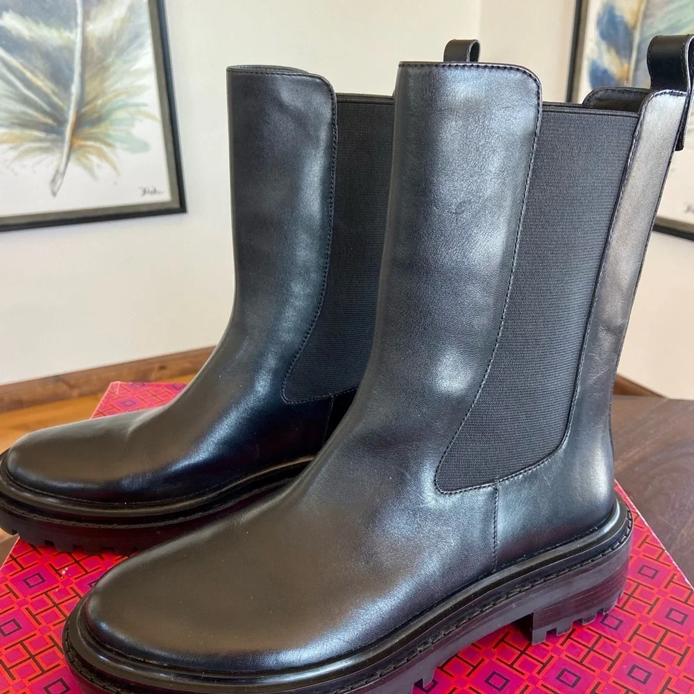 TORY BURCH REVOLVE Black Mid-Calf Leather Boots