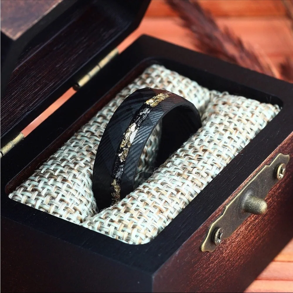 Black Hammered Damascus Steel Ring with Crushed Meteorite & Gold Foil