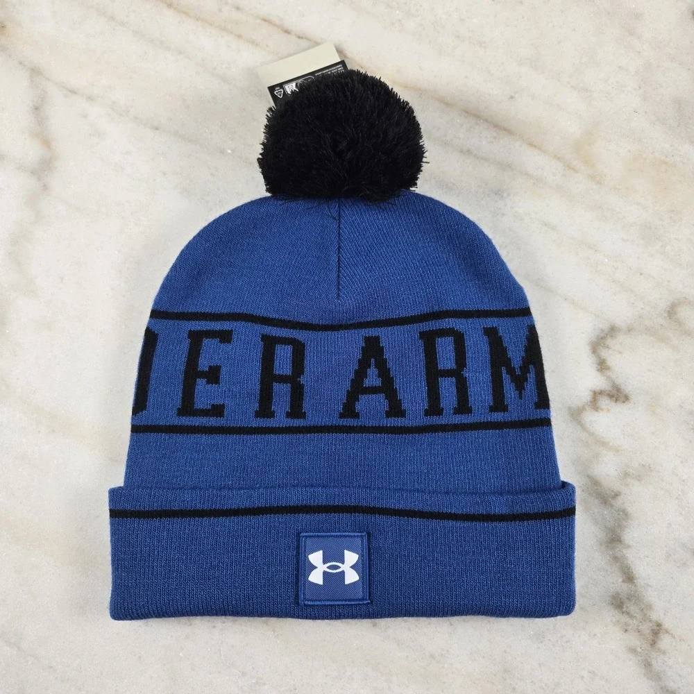 Under Armour Cuffed Fold Beanie Logo Winter Pom Athletic Royal Blue Men's OSFM