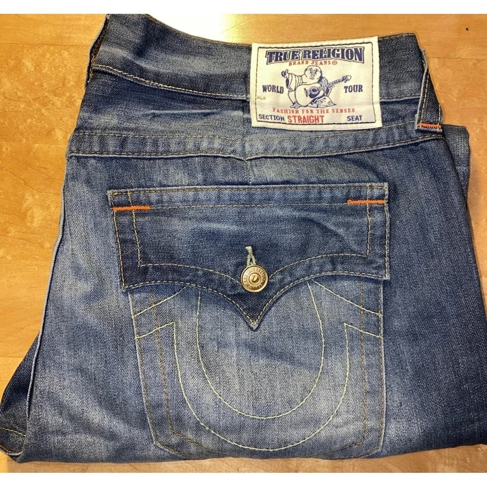 True Religion Jeans Men's 40x33 Vintage Rare Straight Flaps Orange Stitching New