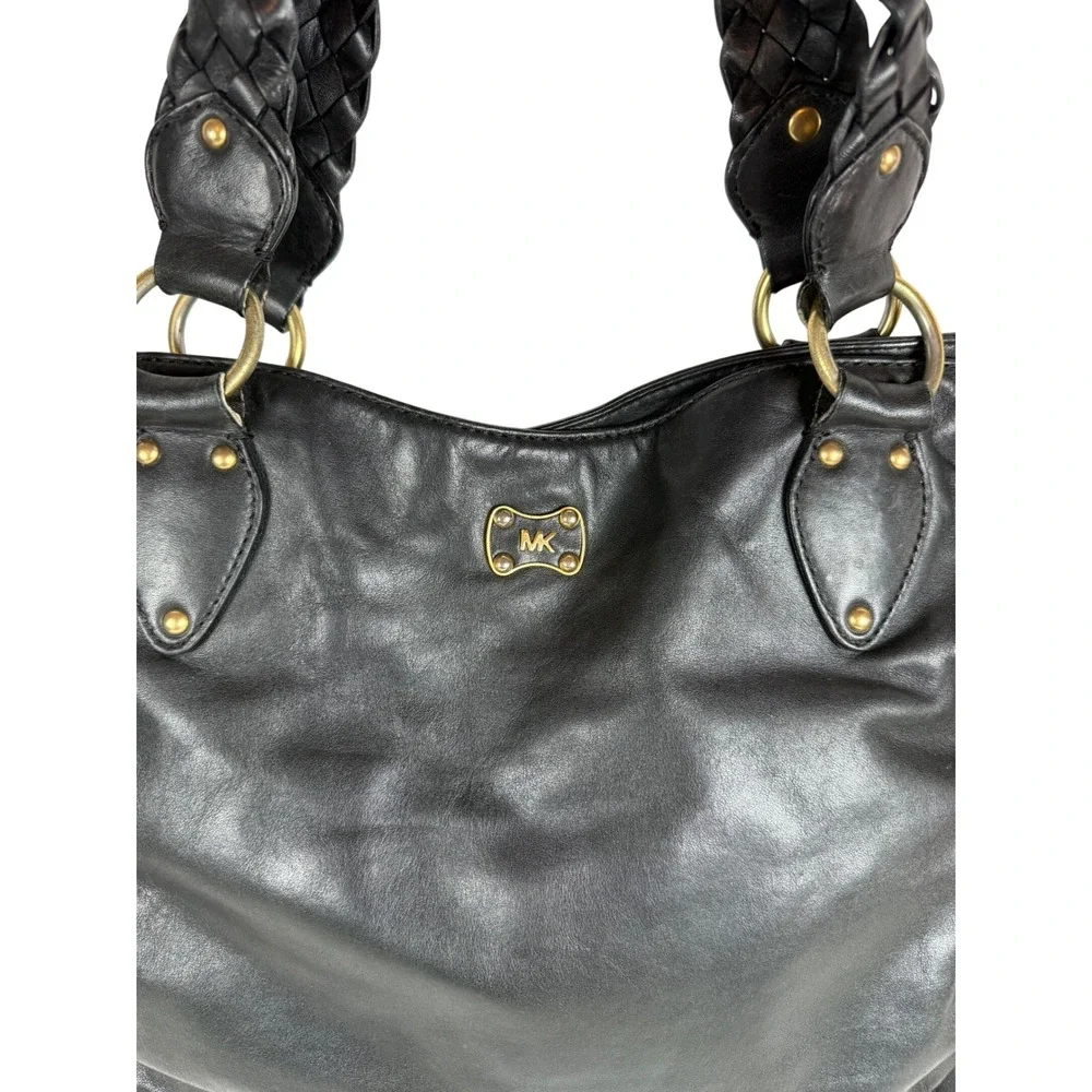 VINTAGE Michael Kors Hobo Bag, Black Leather Woven Leather Handles Gold Hardware