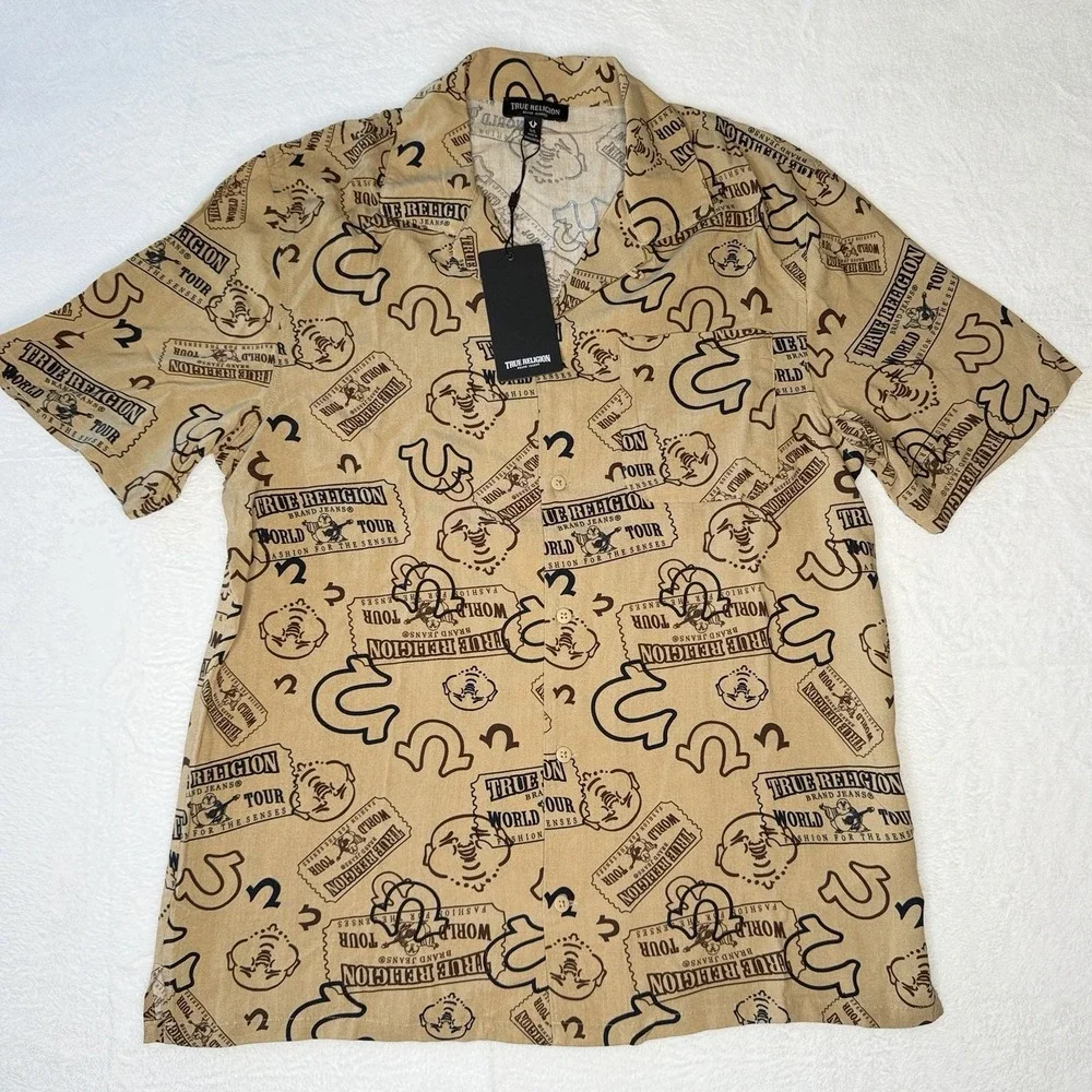 True Religion Ticket Print Camp Shirt Mens Small Beige AOP Resort Y2K NWT Street