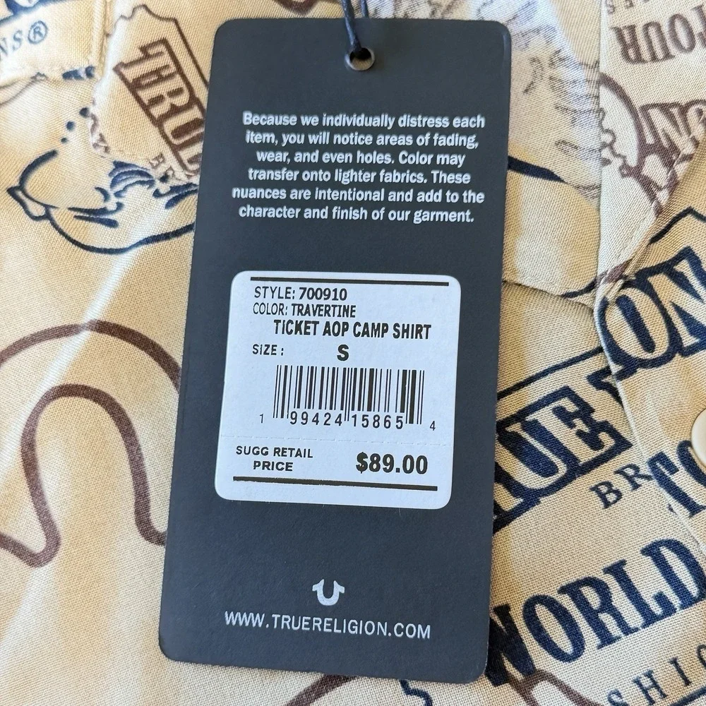 True Religion Ticket Print Camp Shirt Mens Small Beige AOP Resort Y2K NWT Street