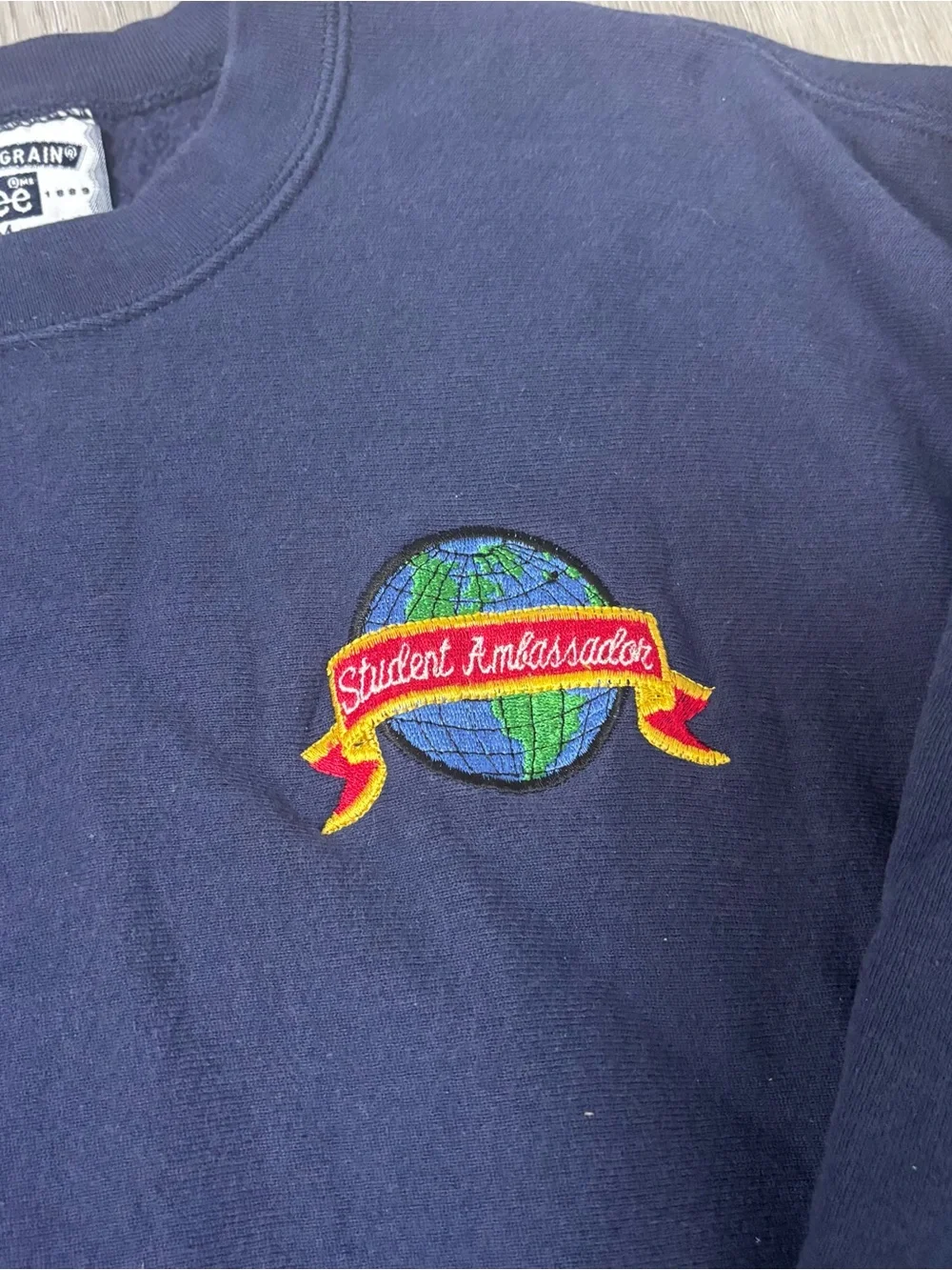 Vintage Lee Embroidered Globe Crewneck Sweatshirt Navy Blue Retro Streetwear