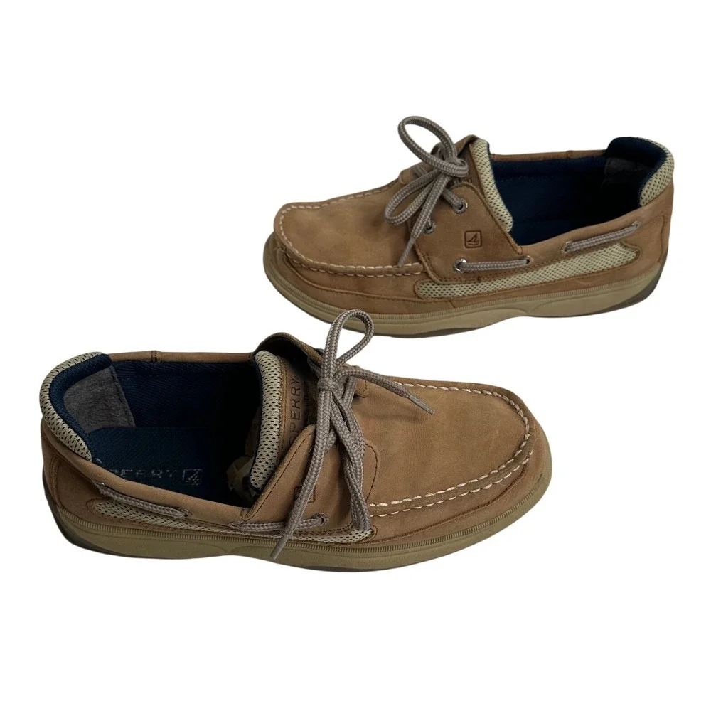 Sperry YB46122A Kids' Size 7 Dark Tan/Navy Leather‎ Lanyard Boat Shoes Church