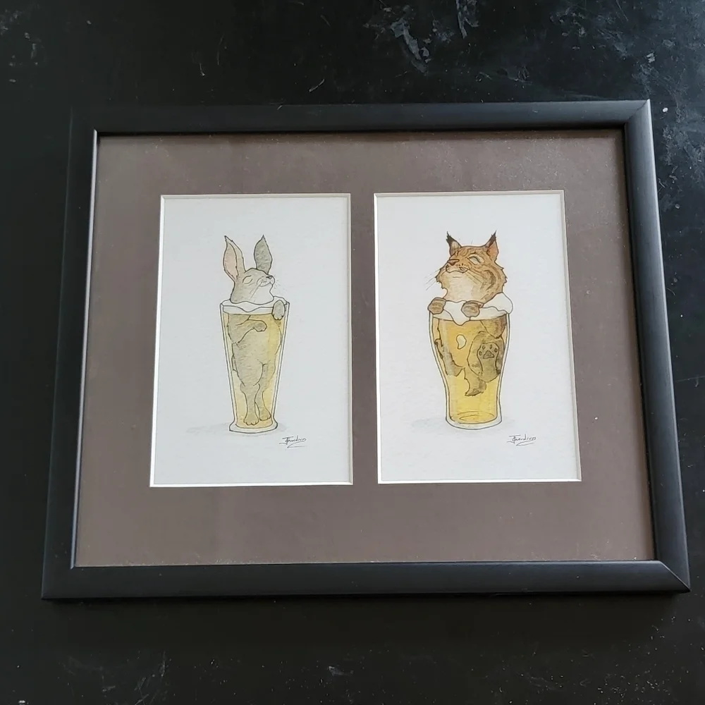 𝅺original Beer Art Bar Painting  Blissful Bobcat and Rabbit Pilsner T12