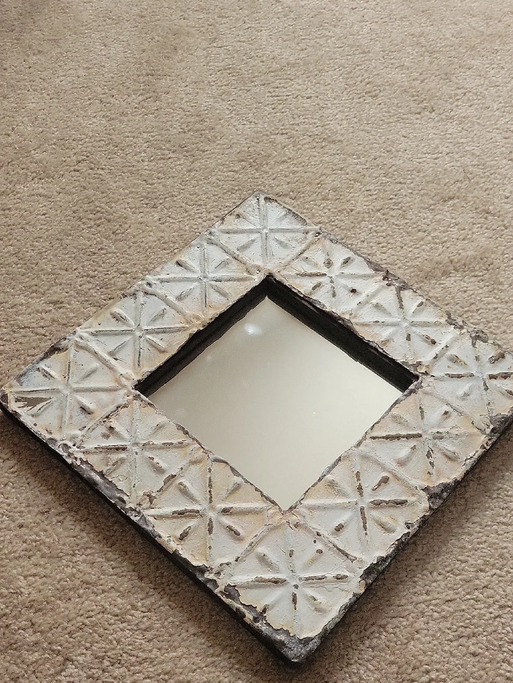 Distressed White Decorative Wall Mirror - Rustic Tile-Pattern Frame.