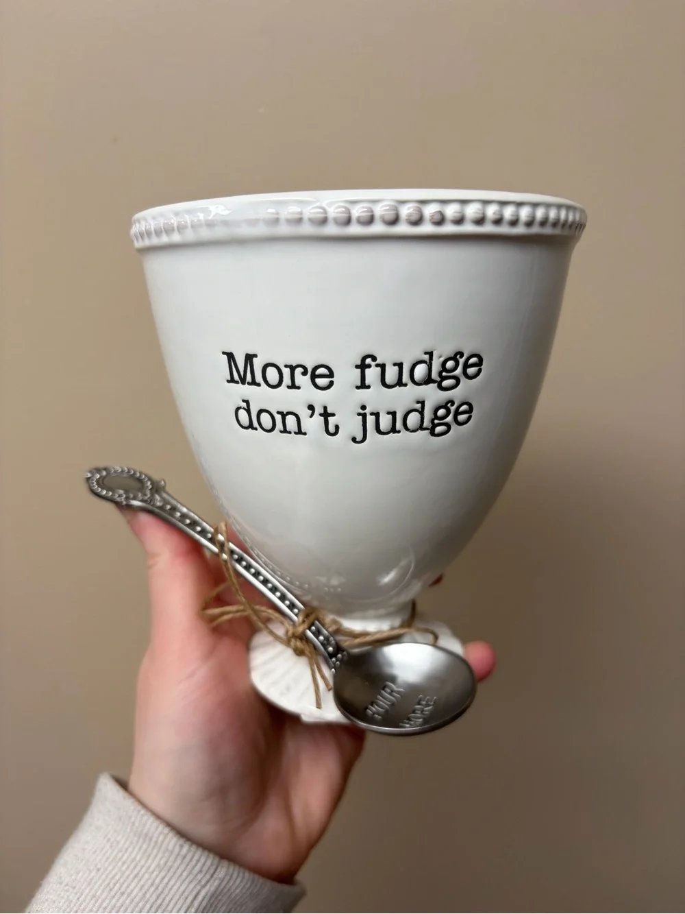 Pier 1 “More fudge don’t judge” White Ceramic Bowl with Silver Spoon Accent