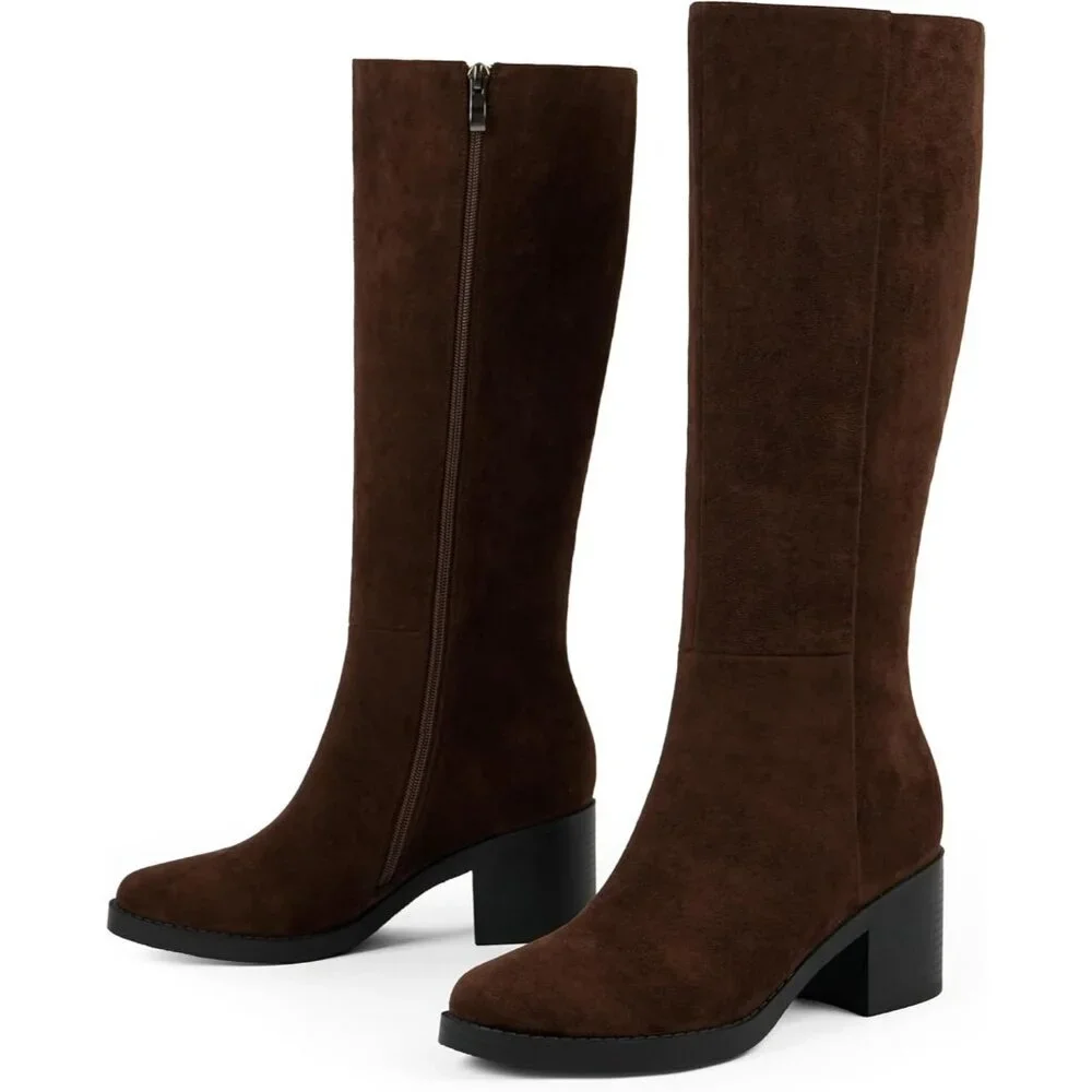 Women's Chocolate Suede Chunky Heel Round Zipper Winter Dress Knee High Boots