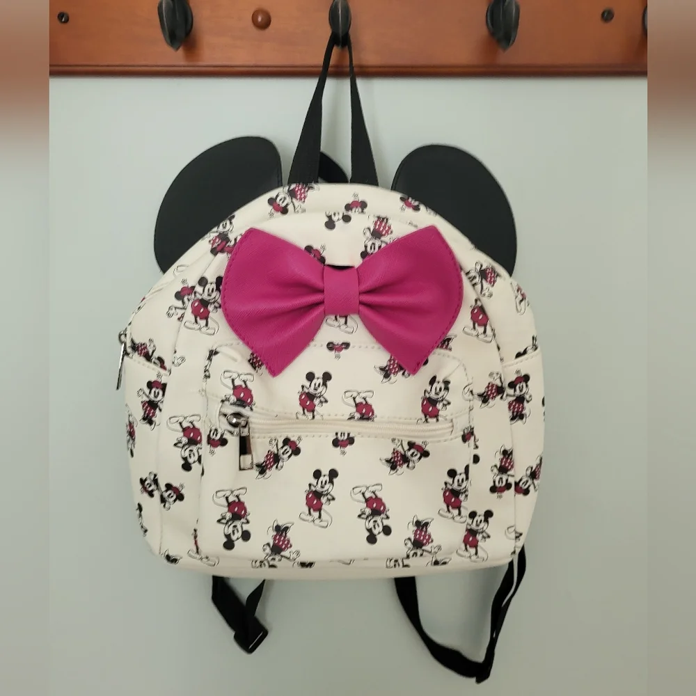 Disney Minnie Mouse Small Kids Ear Backpack‎ Purple Bow Off White