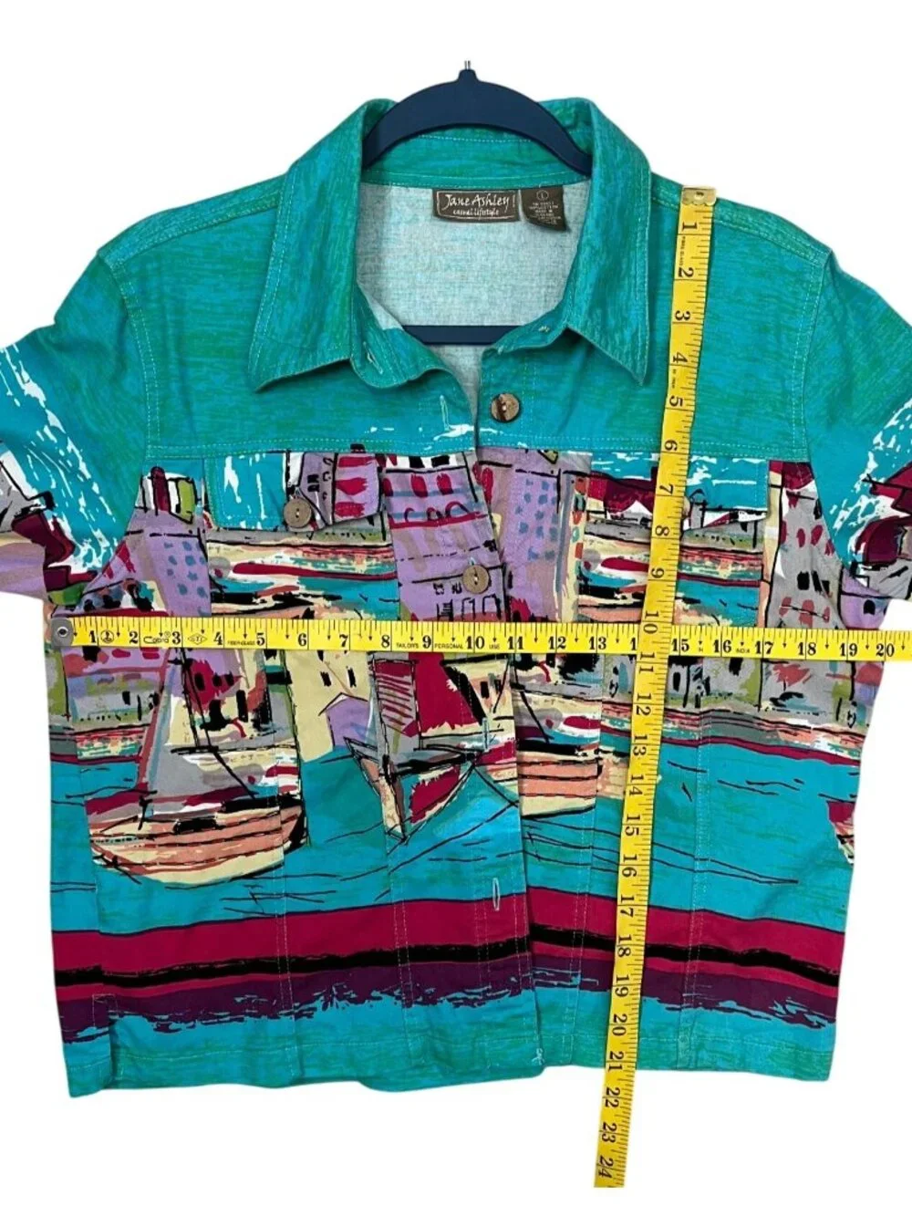 Jane Ashley Teal Green Mediterranean Harbor Print Jacket L