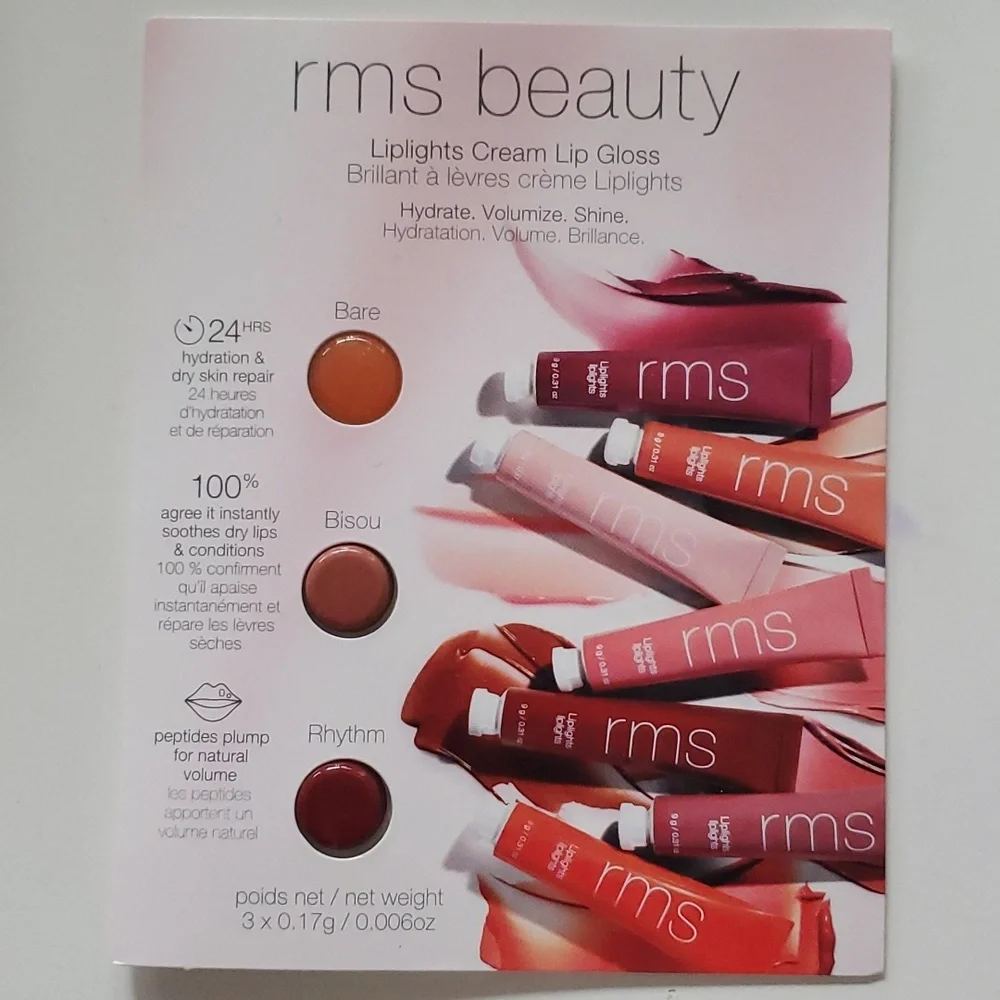 RMS Beauty 3 Travel Size Liplighte Cream‎ Lip Glosses in Bare, Bisou, and Rhythm