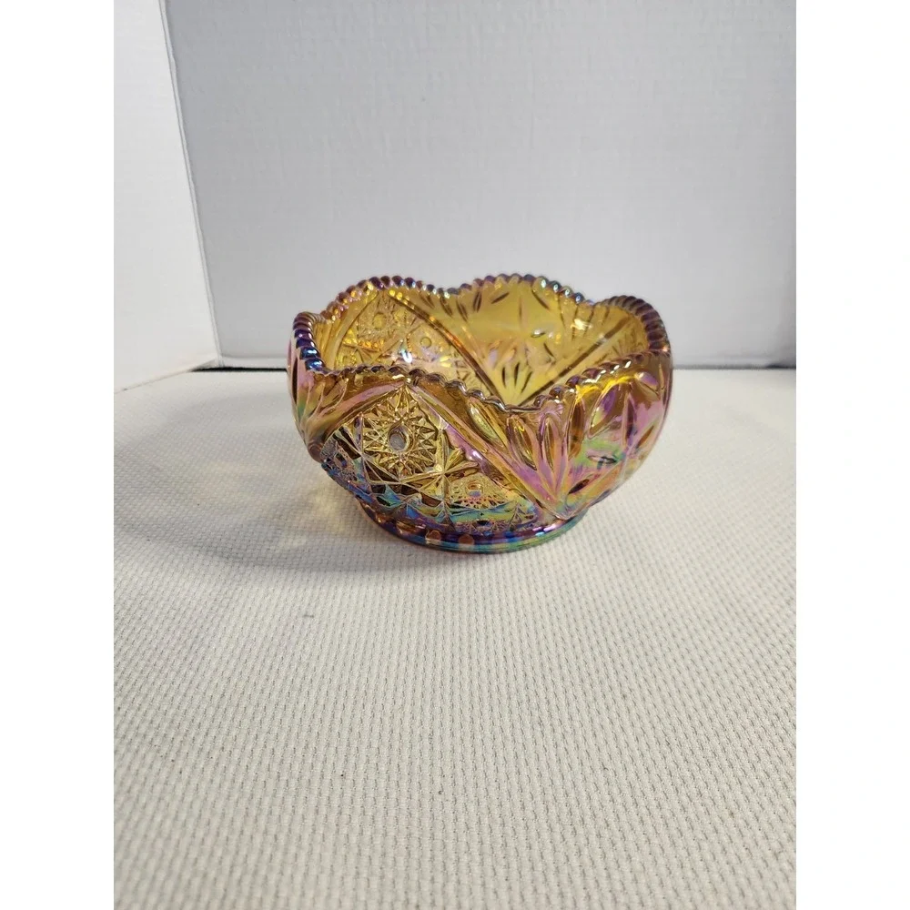 VTG LE Smith Hobstar Daisy Amber Carnival Glass‎ Bowl Sawtooth Great Condition
