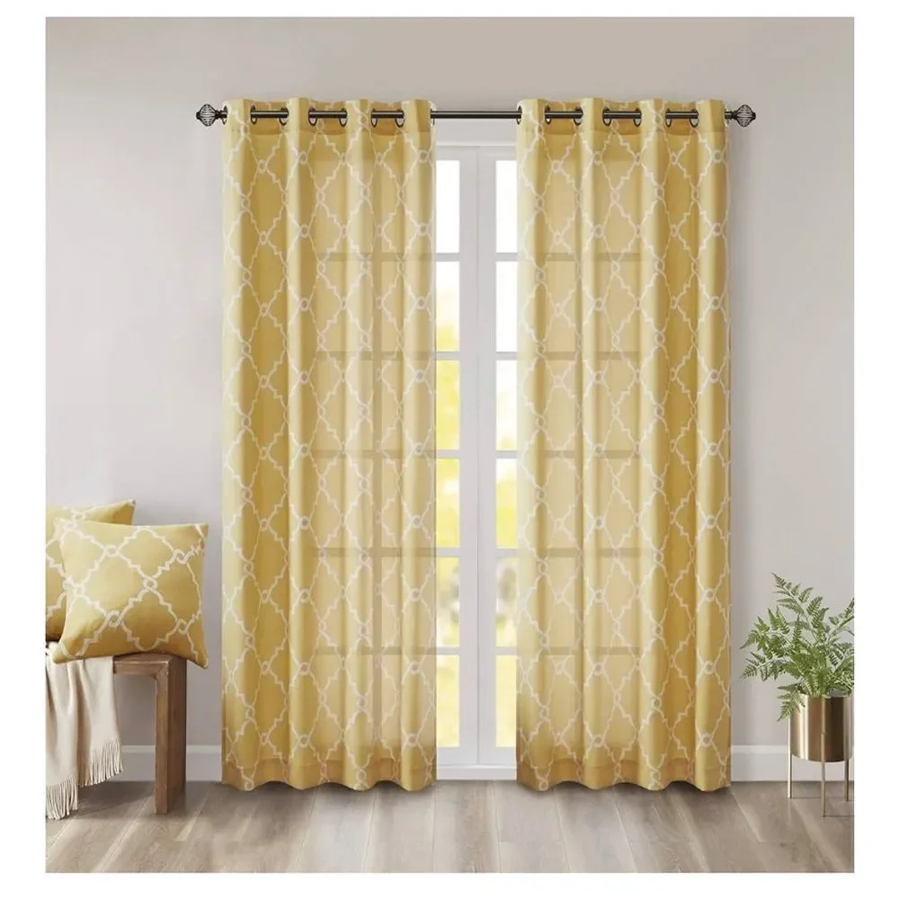 Madison Park Saratoga Single Fretwork 1 Panel Grommet Top 50x63, Yellow/White