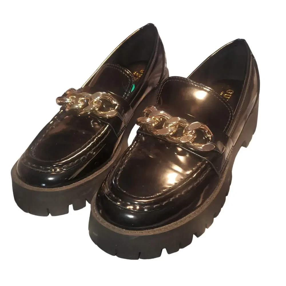 GUESS Hillford Chunky Chain Loafers Black Patent Y2K Inspired Lug Sole Size 8