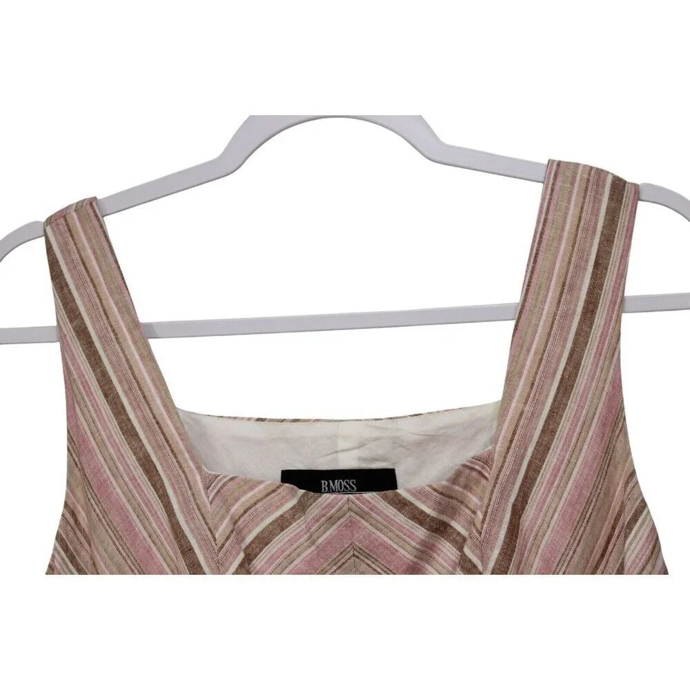 Fit & Flare Swing Midi Dress Size 4 Linen Chevron Beach Retro Boho Sundress
