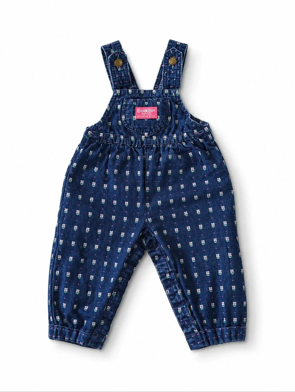 VTG Osh Kosh B'gosh Blue And Pink Floral Dot-Pattern Bow Denim Overalls