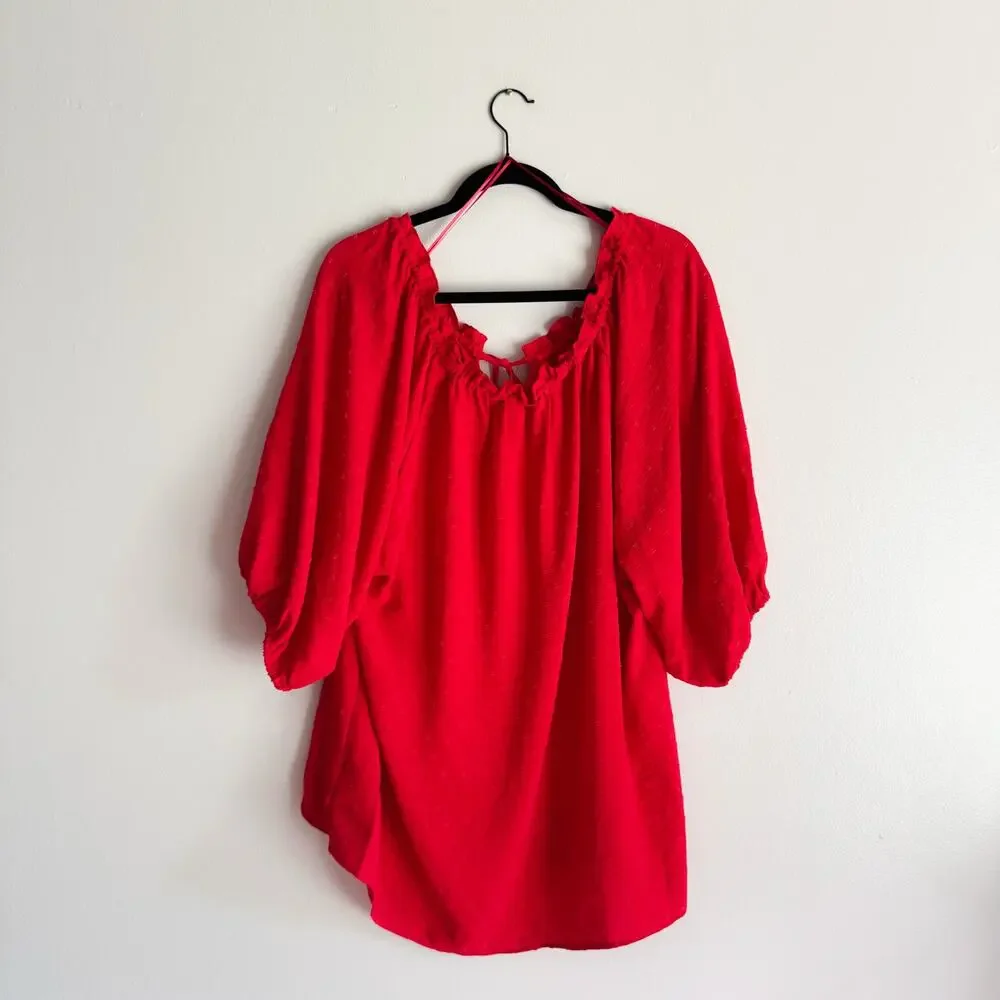 89th & Madison Red Swiss Dot Tie Neck Blouse - 1X - NWT