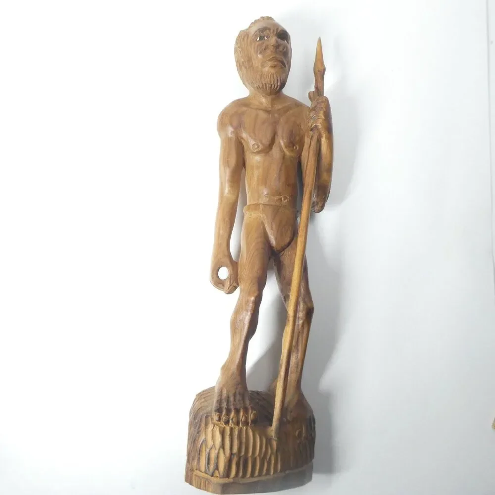 Carved Wooden Statue Hunter Warrior Man w/ Spear 17