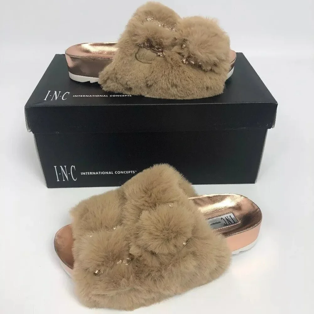 INC International Concepts Womens Alani Footbed Sandals Tan Faux Fur 5M