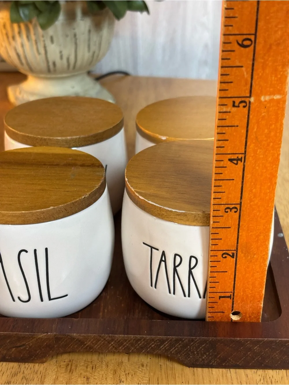 Rae Dunn 4 PC White Ceramic Herb Jars Wood Lids Basil Tarragon Rosemary Thyme