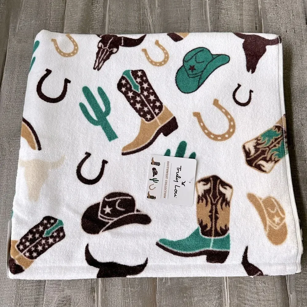 Cowboy Western Hat Boots Cactus Horseshoe Print Cotton Bath Towel