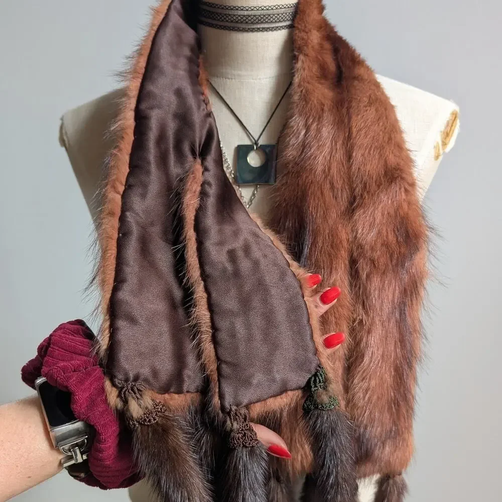 Vintage Red Mink Fur Stole Glam Mobwife Shrug Luxury Scarf Shawl Furry Collar