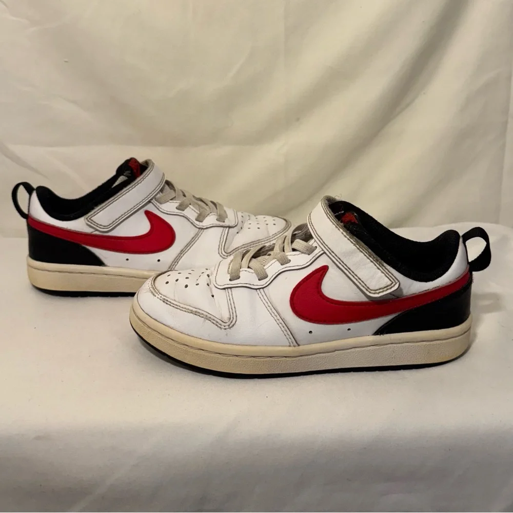 Size 13K - Nike Court Borough 2 Low White Black Red- Youth Sneakers- Hook & Loop