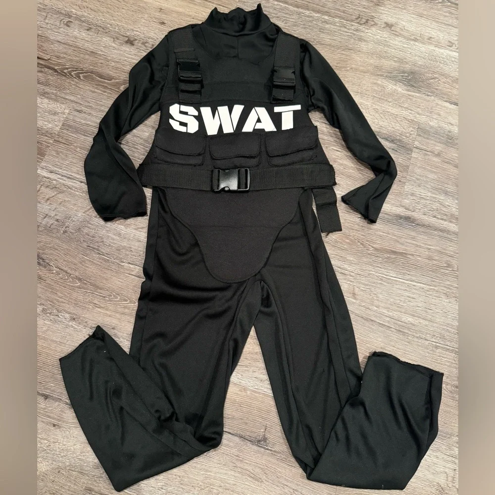 SWAT black long-sleeved police costume, size small (4-7)